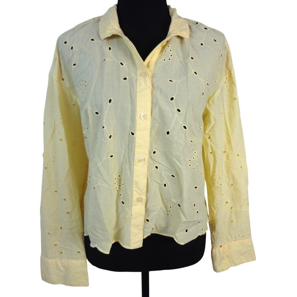 A New Day Yellow Eyelet Embroidered Button Down Top COTTON Scalloped Trim Medium